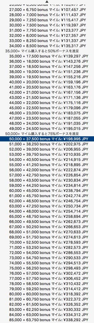 MileagePlusボーナスマイルキャンペーン価格表