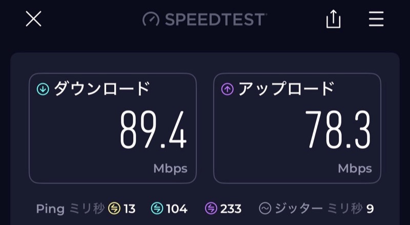 郡山ビューホテルアネックスー客室内からのWiFi速度測定結果